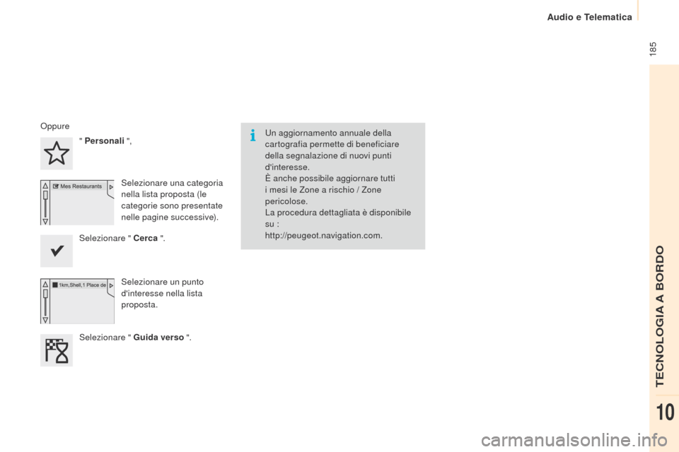 Peugeot Partner 2015  Manuale del proprietario (in Italian)  185
Partner-2-VU_it_Chap10a_SMEGplus_ed01-2015
Un aggiornamento annuale della 
cartografia permette di beneficiare 
della segnalazione di nuovi punti 
dinteresse.
È anche possibile aggiornare tutti