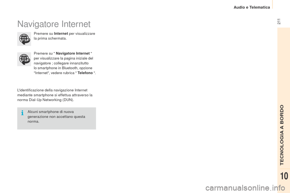 Peugeot Partner 2015  Manuale del proprietario (in Italian)  2 11
Partner-2-VU_it_Chap10a_SMEGplus_ed01-2015
Navigatore Internet
Lidentificazione della navigazione Internet 
mediante smartphone si effettua attraverso la 
norma Dial-Up Networking (DUN).Premere