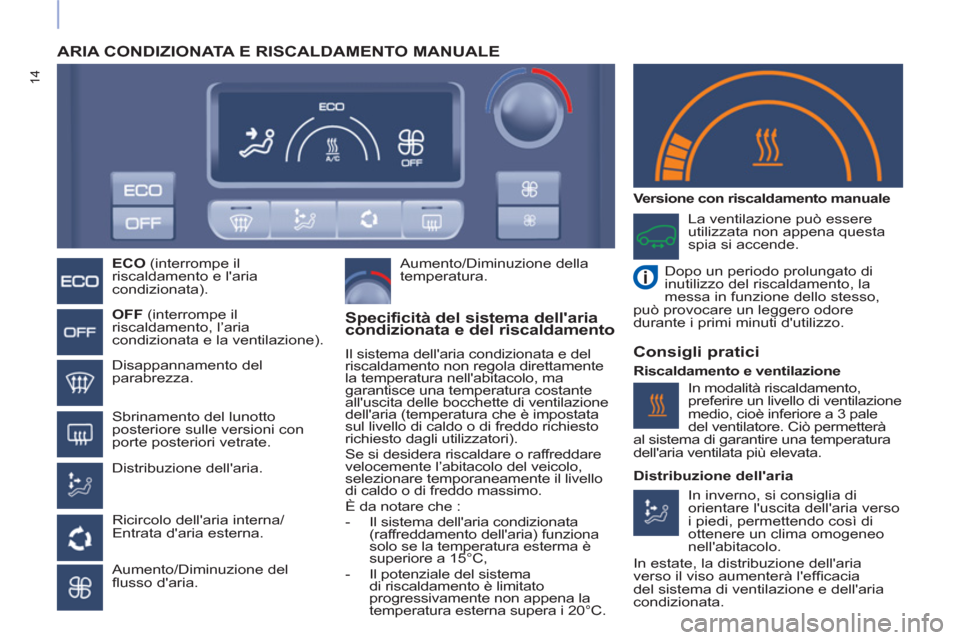 Peugeot Partner 2015 Manuale del proprietario (in Italian) 14
ARIA CONDIZIONATA E RISCALDAMENTO MANUALE
ECO
(interrompe il
riscaldamento e laria
condizionata).
OFF
(interrompe il
riscaldamento, l’aria
condizionata e la ventilazion Peugeot Partner 2015 Manuale del proprietario (in Italian) 14
ARIA CONDIZIONATA E RISCALDAMENTO MANUALE
ECO
(interrompe il
riscaldamento e laria
condizionata).
OFF
(interrompe il
riscaldamento, l’aria
condizionata e la ventilazion