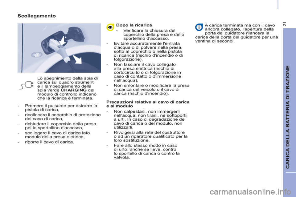 Peugeot Partner 2015 Manuale del proprietario (in Italian) 21
CARICA DELLA BATTERIA DI TRAZIONE
- Premere il pulsante per estrarre la
pistola di carica,
- ricollocare il coperchio di protezione
del cavo di carica,
- richiudere il co Peugeot Partner 2015 Manuale del proprietario (in Italian) 21
CARICA DELLA BATTERIA DI TRAZIONE
- Premere il pulsante per estrarre la
pistola di carica,
- ricollocare il coperchio di protezione
del cavo di carica,
- richiudere il co