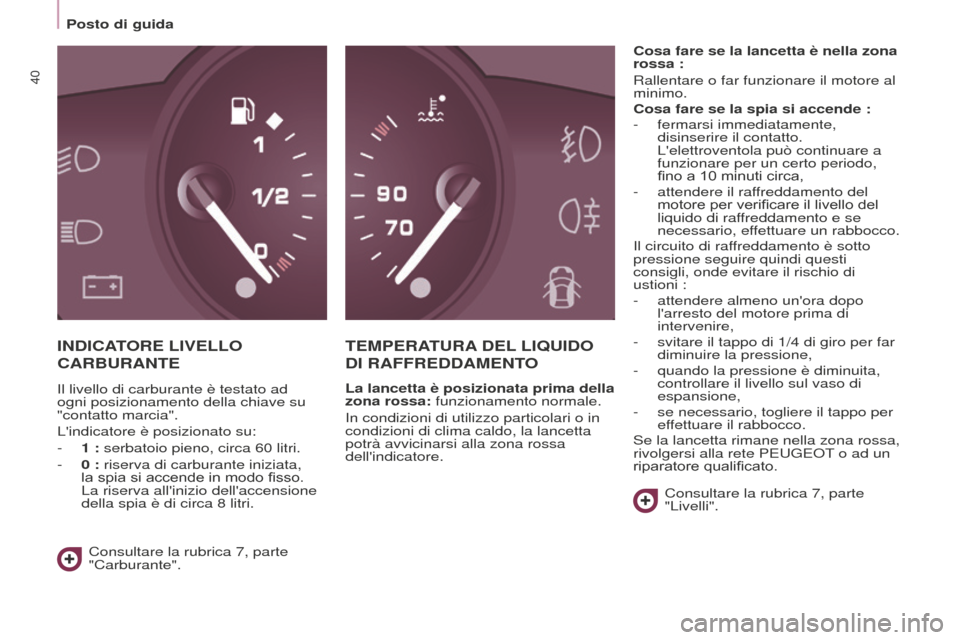 Peugeot Partner 2015 Manuale del proprietario (in Italian) 40
Partner-2-VU_it_Chap03_Pret-a-partir_ed01-2015
INDICATORE LIVELLO
CARBURANTE
TEMPERATURA DEL LIQUIDO
DI
RAFFREDDAMENTO
La lancetta è posizionata prima della
zona rossa: funzionamento norm Peugeot Partner 2015 Manuale del proprietario (in Italian) 40
Partner-2-VU_it_Chap03_Pret-a-partir_ed01-2015
INDICATORE LIVELLO
CARBURANTE
TEMPERATURA DEL LIQUIDO
DI
RAFFREDDAMENTO
La lancetta è posizionata prima della
zona rossa: funzionamento norm