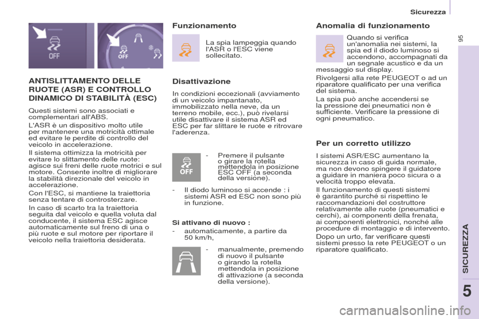 Peugeot Partner 2015 Manuale del proprietario (in Italian) 95
Partner-2-VU_it_Chap05_Securite_ed01-2015
ANTISLITTAMENTO DELLE
RUOTE
(ASR) E CONTROLLO
DINAMICO
DI STABILIT à (ESC)
Questi sistemi sono associati e
complementari allABS.
LASR è un Peugeot Partner 2015 Manuale del proprietario (in Italian) 95
Partner-2-VU_it_Chap05_Securite_ed01-2015
ANTISLITTAMENTO DELLE
RUOTE
(ASR) E CONTROLLO
DINAMICO
DI STABILIT à (ESC)
Questi sistemi sono associati e
complementari allABS.
LASR è un