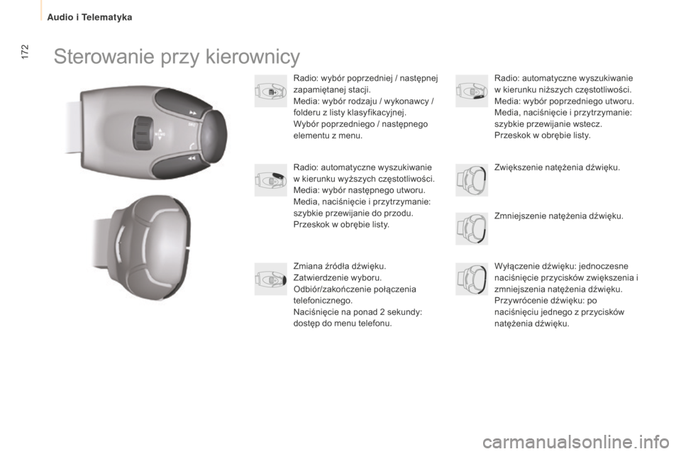 Peugeot Partner 2015  Instrukcja Obsługi (in Polish) 172
Partner-2-VU_pl_Chap10a_SMEGplus_ed01-2015
Sterowanie przy kierownicy
Radio: wybór poprzedniej / następnej 
zapamiętanej stacji.
Media: wybór rodzaju / wykonawcy / 
folderu z listy klasyfikacy