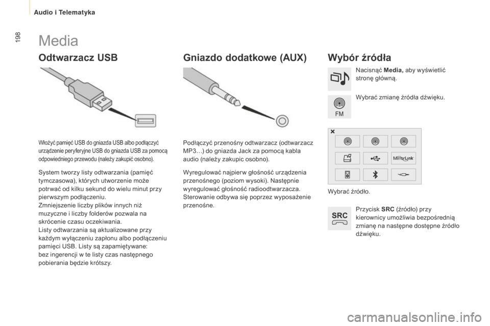 Peugeot Partner 2015  Instrukcja Obsługi (in Polish) 198
Partner-2-VU_pl_Chap10a_SMEGplus_ed01-2015
Media
Odtwarzacz uSB Wybór źródła
Przycisk SRC (źródło) przy 
kierownicy umożliwia bezpośrednią 
zmianę na następne dostępne źródło 
dźw