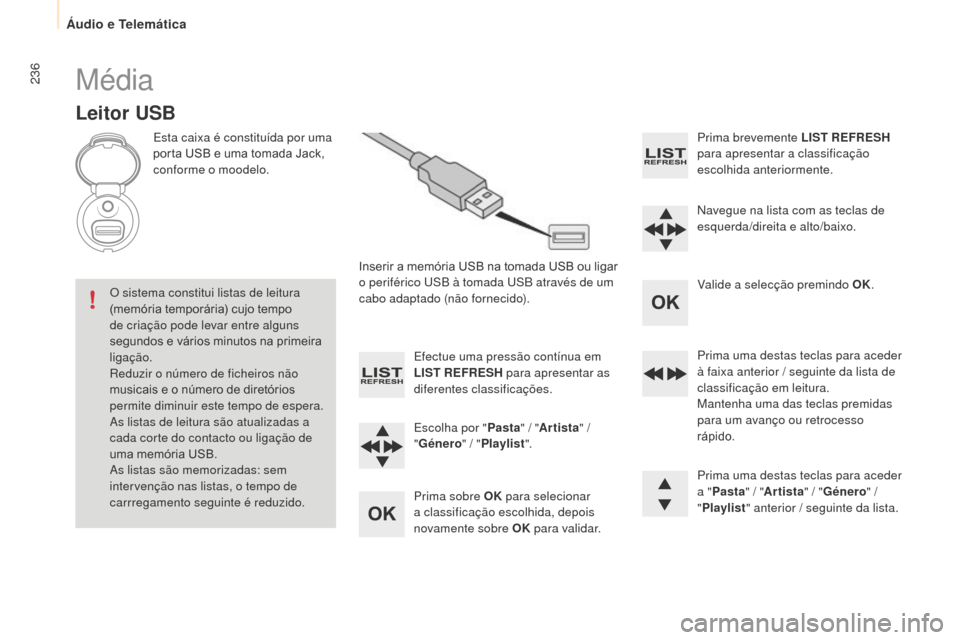 Peugeot Partner 2015 Manual do proprietário (in Portuguese) 236
Partner-2-VU_pt_Chap10b_RD45_ed01-2015
Média
Leitor USB
Esta caixa é constituída por uma
porta USB e uma tomada Jack,
conforme o moodelo.Inserir a memória USB na tomada USB ou ligar
o perif Peugeot Partner 2015 Manual do proprietário (in Portuguese) 236
Partner-2-VU_pt_Chap10b_RD45_ed01-2015
Média
Leitor USB
Esta caixa é constituída por uma
porta USB e uma tomada Jack,
conforme o moodelo.Inserir a memória USB na tomada USB ou ligar
o perif