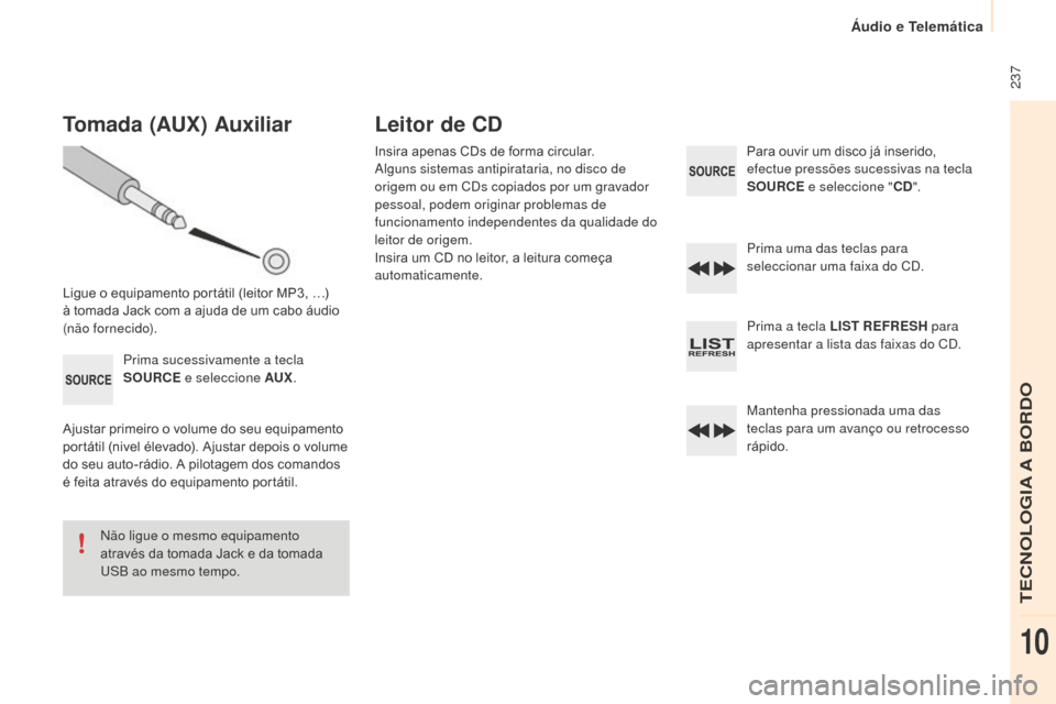 Peugeot Partner 2015 Manual do proprietário (in Portuguese) 237
Partner-2-VU_pt_Chap10b_RD45_ed01-2015
Tomada (AUx) Auxiliar
Ligue o equipamento portátil (leitor MP3, …)
à tomada Jack com a ajuda de um cabo áudio
(não fornecido).
Prima sucessivamente Peugeot Partner 2015 Manual do proprietário (in Portuguese) 237
Partner-2-VU_pt_Chap10b_RD45_ed01-2015
Tomada (AUx) Auxiliar
Ligue o equipamento portátil (leitor MP3, …)
à tomada Jack com a ajuda de um cabo áudio
(não fornecido).
Prima sucessivamente