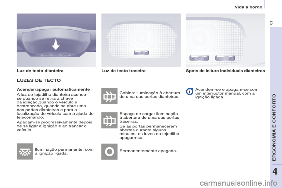 Peugeot Partner 2015  Manual do proprietário (in Portuguese) 81
Partner-2-VU_pt_Chap04_Ergonomie_ed01-2015
Acender/apagar automaticamente
A luz do tejadilho dianteira acende-
se quando se retira a chave 
da ignição,quando o veículo é 
destrancado, quando se