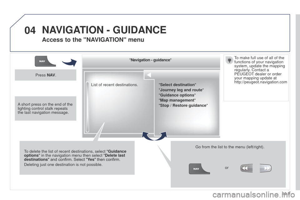 Peugeot Partner 2014.5  Owners Manual - RHD (UK, Australia) 04
10.9
Partner-2-VU_en_Chap10b_RT6-2-8_ed02-2014
List of recent destinations."
Navigation - guidance"
To delete the list of recent destinations, select " Guidance 
options " in the navigation menu th