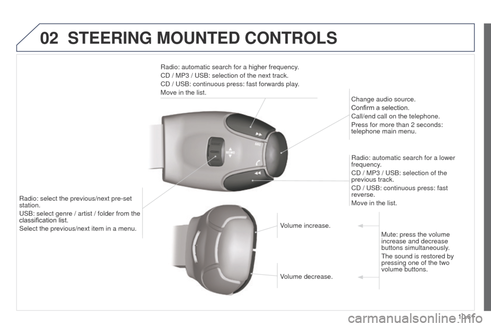 Peugeot Partner 2014.5  Owners Manual - RHD (UK, Australia) 02
10.61
Partner-2-VU_en_Chap10c_RD45_ed02_2014
STEERING MOUNTED CONTROLS
Radio: automatic search for a higher frequency.
CD  / MP3   / USB: selection of the next track.
CD
  / USB: continuous press: 