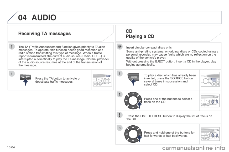 Peugeot Partner 2014.5 Owners Manual - RHD (UK, Australia) 04
10.64
Partner-2-VU_en_Chap10c_RD45_ed02_2014
AUDIO
Insert circular compact discs only.
Some anti-pirating systems, on original discs or CDs copied using a
personal recorder, may cause faults which Peugeot Partner 2014.5 Owners Manual - RHD (UK, Australia) 04
10.64
Partner-2-VU_en_Chap10c_RD45_ed02_2014
AUDIO
Insert circular compact discs only.
Some anti-pirating systems, on original discs or CDs copied using a
personal recorder, may cause faults which