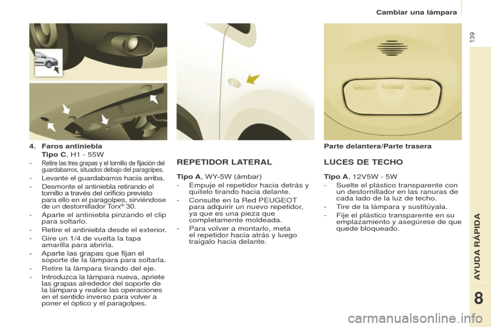 Peugeot Partner 2014.5 Manual del propietario (in Spanish) 139
Partner-2-VU_es_Chap08_Aide-rapide_ed02-2014
4. Faros antiniebla
T
ipo C, H1 - 55W
-
Retire las tres grapas y el tornillo de fijación del
guardabarros, situados debajo del paragolpes.
- L Peugeot Partner 2014.5 Manual del propietario (in Spanish) 139
Partner-2-VU_es_Chap08_Aide-rapide_ed02-2014
4. Faros antiniebla
T
ipo C, H1 - 55W
-
Retire las tres grapas y el tornillo de fijación del
guardabarros, situados debajo del paragolpes.
- L