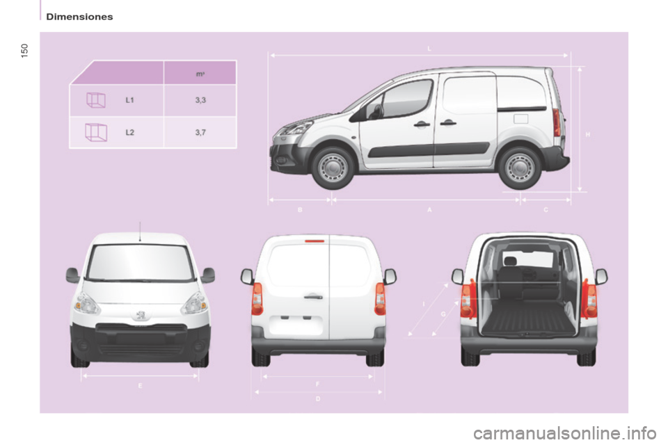 Peugeot Partner 2014.5  Manual del propietario (in Spanish) 150
Partner-2-VU_es_Chap09_Caract-technique_ed02-2014 
Dimensiones  