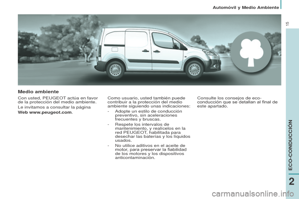 Peugeot Partner 2014.5  Manual del propietario (in Spanish) 15
Partner-2-VU_es_Chap02_eco-conduite_ed02-2014
Medio ambiente
Con usted, PEUGEOT actúa en favor 
de la protección del medio ambiente.
Le invitamos a consultar la página 
Web www.peugeot.com.Como 