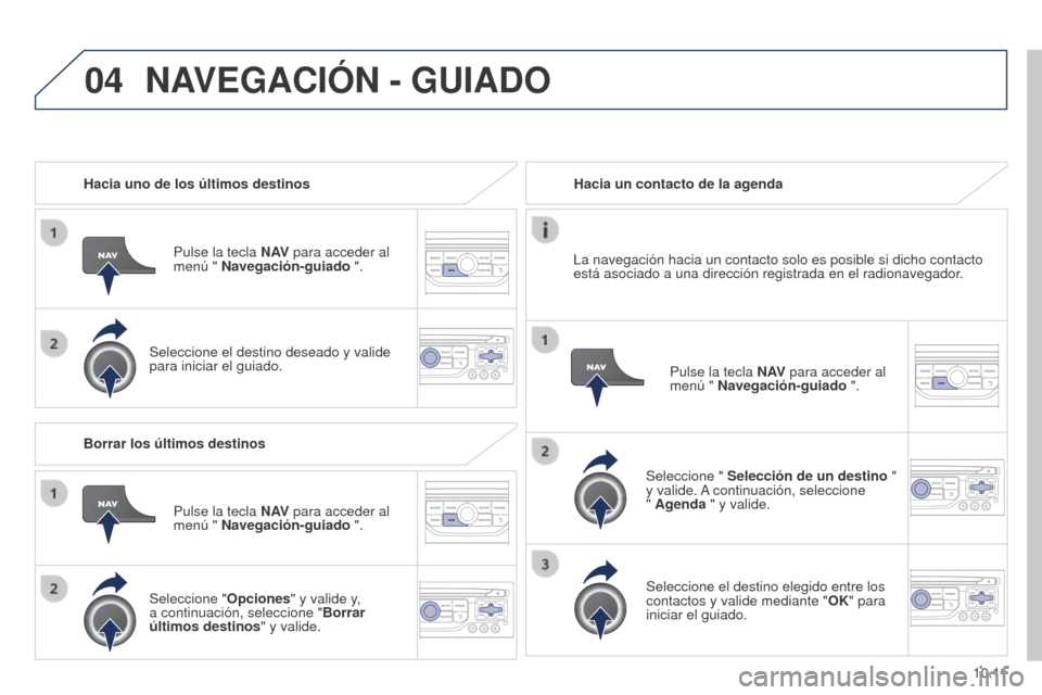Peugeot Partner 2014.5  Manual del propietario (in Spanish) 04
10.11
Partner-2-VU_es_Chap10b_RT6-2-8_ed02-2014
Hacia uno de los últimos destinosPulse la tecla N AV para acceder al 
menú " Navegación-guiado ".
Seleccione el destino deseado y valide 
para ini