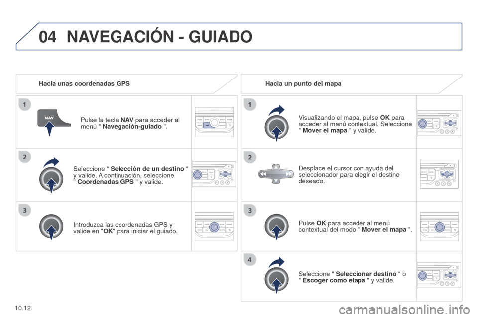 Peugeot Partner 2014.5  Manual del propietario (in Spanish) 04
10.12
Partner-2-VU_es_Chap10b_RT6-2-8_ed02-2014
Seleccione " Selección de un destino  " 
y valide. A continuación, seleccione  
" Coordenadas GPS " y valide.
Introduzca las coordenadas GPS y 
val