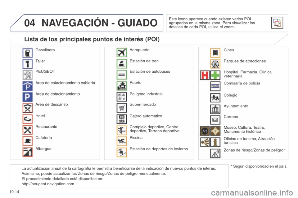 Peugeot Partner 2014.5 Manual del propietario (in Spanish) 04
10.14
Partner-2-VU_es_Chap10b_RT6-2-8_ed02-2014
NAVEGACIÓN - GUIADO
Este icono aparece cuando existen varios POI
agrupados en la misma zona. Para visualizar los
detalles de cada POI, utilice el Peugeot Partner 2014.5 Manual del propietario (in Spanish) 04
10.14
Partner-2-VU_es_Chap10b_RT6-2-8_ed02-2014
NAVEGACIÓN - GUIADO
Este icono aparece cuando existen varios POI
agrupados en la misma zona. Para visualizar los
detalles de cada POI, utilice el