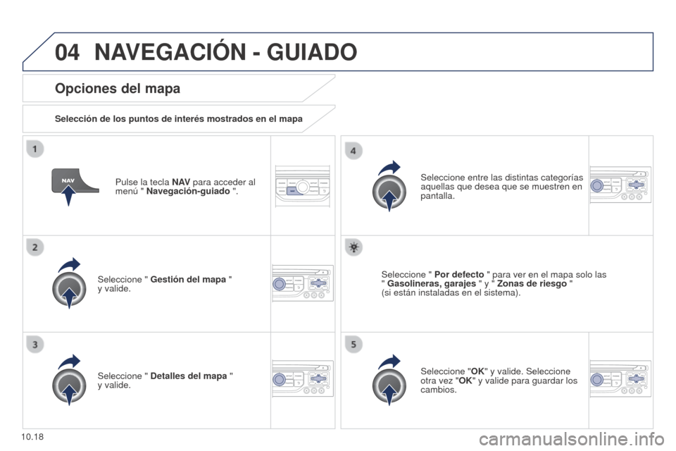 Peugeot Partner 2014.5  Manual del propietario (in Spanish) 04
10.18
Partner-2-VU_es_Chap10b_RT6-2-8_ed02-2014
Pulse la tecla N AV para acceder al 
menú " Navegación-guiado ".
Opciones del mapa
Selección de los puntos de interés mostrados en el mapa
Selecc