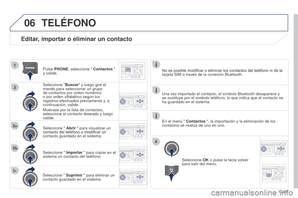 Peugeot Partner 2014.5 Manual del propietario (in Spanish) 06
10.29
Partner-2-VU_es_Chap10b_RT6-2-8_ed02-2014
Editar, importar o eliminar un contacto
Pulse PHONE, seleccione " Contactos "
y valide.
Seleccione "Buscar" y luego gire el
mando para seleccionar Peugeot Partner 2014.5 Manual del propietario (in Spanish) 06
10.29
Partner-2-VU_es_Chap10b_RT6-2-8_ed02-2014
Editar, importar o eliminar un contacto
Pulse PHONE, seleccione " Contactos "
y valide.
Seleccione "Buscar" y luego gire el
mando para seleccionar