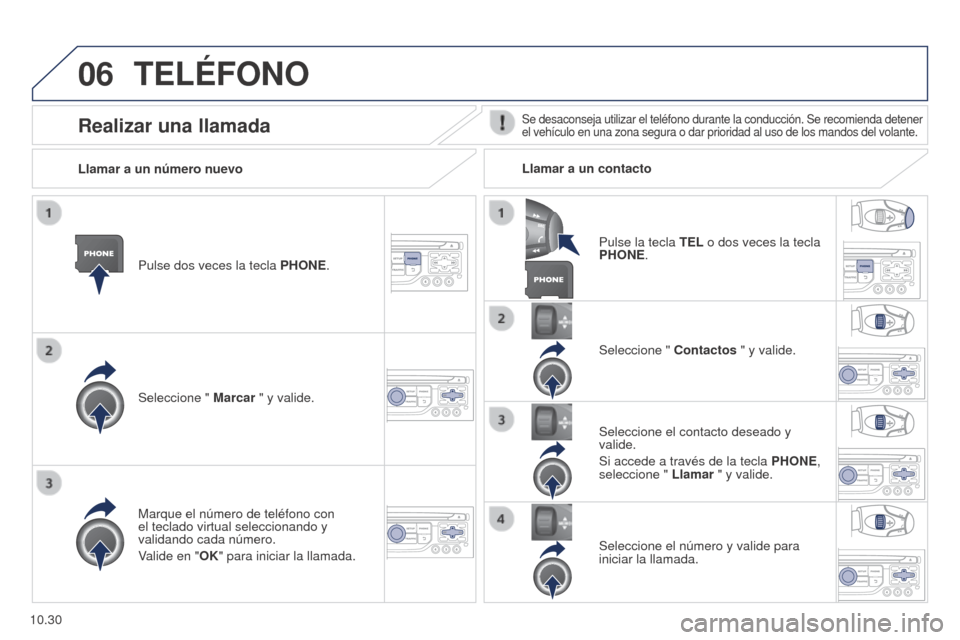 Peugeot Partner 2014.5  Manual del propietario (in Spanish) 06
10.30
Partner-2-VU_es_Chap10b_RT6-2-8_ed02-2014
TELÉFONO
Pulse dos veces la tecla PHONE.
Seleccione "  Marcar " y valide. Seleccione " 
Contactos " y valide.
Marque el número de teléfono con 
el