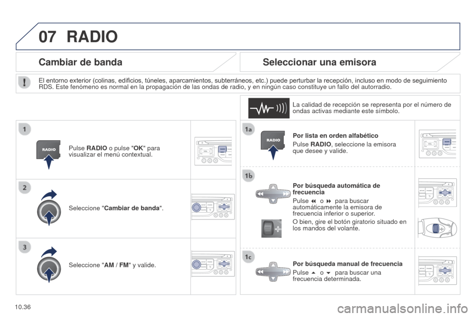 Peugeot Partner 2014.5  Manual del propietario (in Spanish) 07
10.36
Partner-2-VU_es_Chap10b_RT6-2-8_ed02-2014
Por lista en orden alfabético
Pulse RADIO, seleccione la emisora 
que desee y valide.
Por búsqueda automática de 
frecuencia
Pulse 7 o 8 para bu