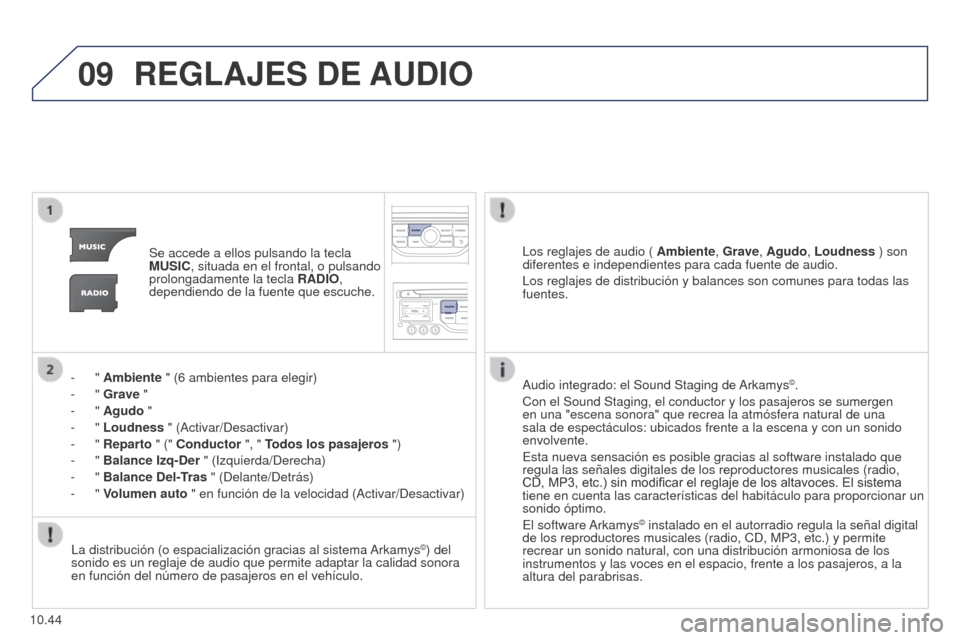 Peugeot Partner 2014.5 Manual del propietario (in Spanish) 09
10.44
Partner-2-VU_es_Chap10b_RT6-2-8_ed02-2014
REGLAJES DE AUDIO
Se accede a ellos pulsando la tecla
MUSIC, situada en el frontal, o pulsando
prolongadamente la tecla RADIO,
dependiendo de la Peugeot Partner 2014.5 Manual del propietario (in Spanish) 09
10.44
Partner-2-VU_es_Chap10b_RT6-2-8_ed02-2014
REGLAJES DE AUDIO
Se accede a ellos pulsando la tecla
MUSIC, situada en el frontal, o pulsando
prolongadamente la tecla RADIO,
dependiendo de la