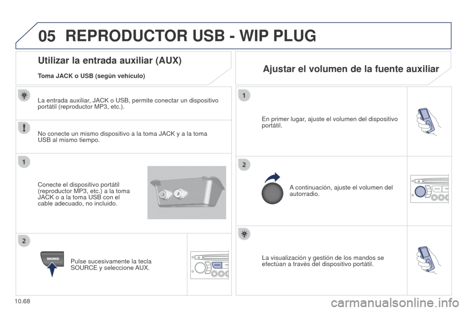 Peugeot Partner 2014.5  Manual del propietario (in Spanish) 05
10.68
Partner-2-VU_es_Chap10c_RD45_ed02_2014
La visualización y gestión de los mandos se 
efectúan a través del dispositivo portátil.
En primer lugar, ajuste el volumen del dispositivo 
portá