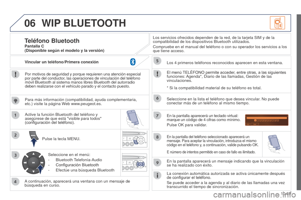 Peugeot Partner 2014.5 Manual del propietario (in Spanish) 06
10.69
Partner-2-VU_es_Chap10c_RD45_ed02_2014
WIP BLUETOOTH
Por motivos de seguridad y porque requieren una atención especial
por parte del conductor, las operaciones de vinculación del teléfono Peugeot Partner 2014.5 Manual del propietario (in Spanish) 06
10.69
Partner-2-VU_es_Chap10c_RD45_ed02_2014
WIP BLUETOOTH
Por motivos de seguridad y porque requieren una atención especial
por parte del conductor, las operaciones de vinculación del teléfono