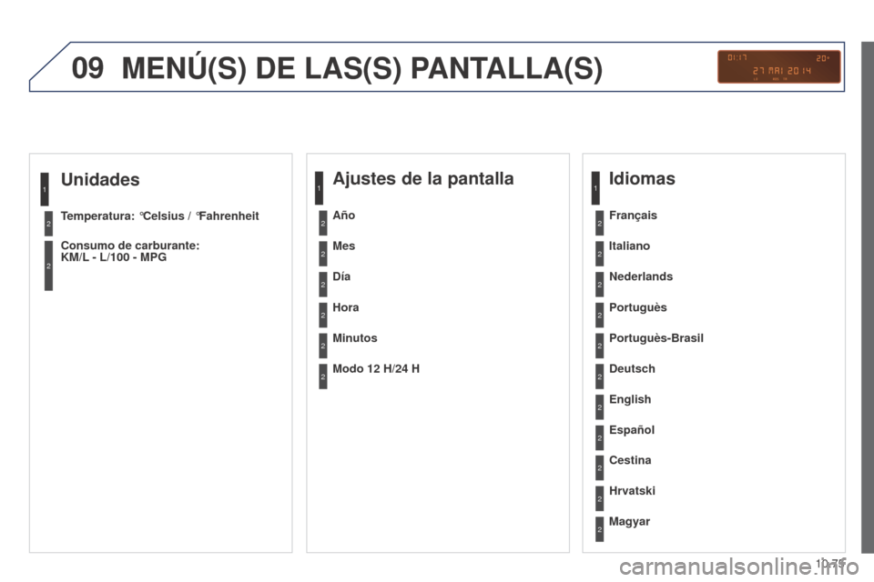 Peugeot Partner 2014.5  Manual del propietario (in Spanish) 09
10.75
Partner-2-VU_es_Chap10c_RD45_ed02_2014
Unidades
Temperatura: °Celsius / °Fahrenheit
Consumo de carburante:  
KM/L - L/100  - MPG
1
2
2
MENÚ(S) DE LAS(S) PANTALLA(S)
Ajustes de la pantalla

