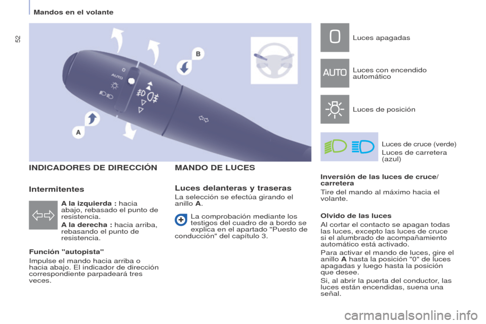 Peugeot Partner 2014.5 Manual del propietario (in Spanish) 52
Partner-2-VU_es_Chap04_Ergonomie_ed02-2014
INDICADORES DE DIRECCIÓN
Función "autopista"
Impulse el mando hacia arriba o
hacia abajo. El indicador de dirección
correspondiente parpadeará tres Peugeot Partner 2014.5 Manual del propietario (in Spanish) 52
Partner-2-VU_es_Chap04_Ergonomie_ed02-2014
INDICADORES DE DIRECCIÓN
Función "autopista"
Impulse el mando hacia arriba o
hacia abajo. El indicador de dirección
correspondiente parpadeará tres