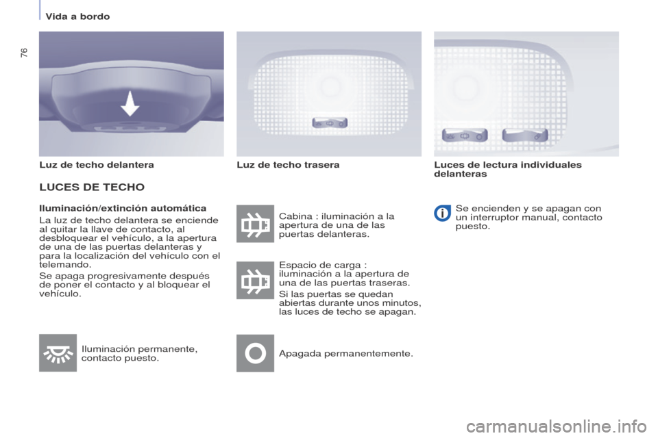 Peugeot Partner 2014.5  Manual del propietario (in Spanish) 76
Partner-2-VU_es_Chap04_Ergonomie_ed02-2014
Iluminación/extinción automática
La luz de techo delantera se enciende 
al quitar la llave de contacto, al 
desbloquear el vehículo, a la apertura 
de