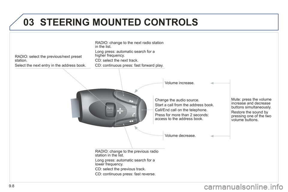 Peugeot Partner 2013  Owners Manual - RHD (UK, Australia) 9.8
03STEERING MOUNTED CONTROLS
RADIO: select the previous/next preset station. 
Select the next entry in the address book.  Chan
ge the audio source.
 
Start a call from the address book. 
 
Call/End