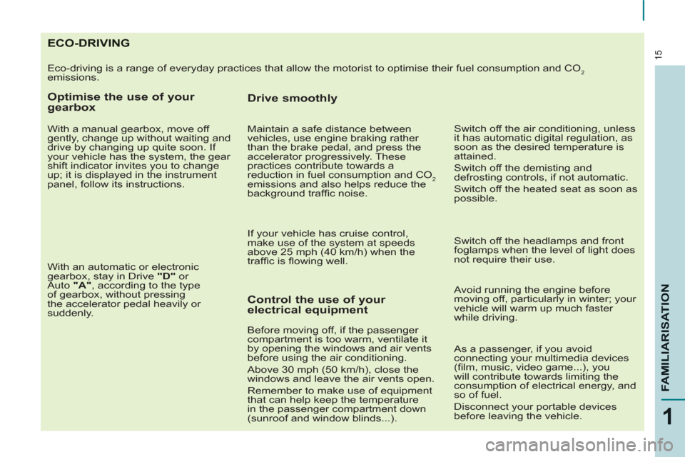 Peugeot Partner 2013 Owners Manual - RHD (UK, Australia) 15
1
FAMILIARISATIO
N
ECO-DRIVING
Eco-driving is a range of everyday practices that allow the motorist to optimise their fuel consumption and CO2
emissions.
Optimise the use of your
gearbox
Peugeot Partner 2013 Owners Manual - RHD (UK, Australia) 15
1
FAMILIARISATIO
N
ECO-DRIVING
Eco-driving is a range of everyday practices that allow the motorist to optimise their fuel consumption and CO2
emissions.
Optimise the use of your
gearbox