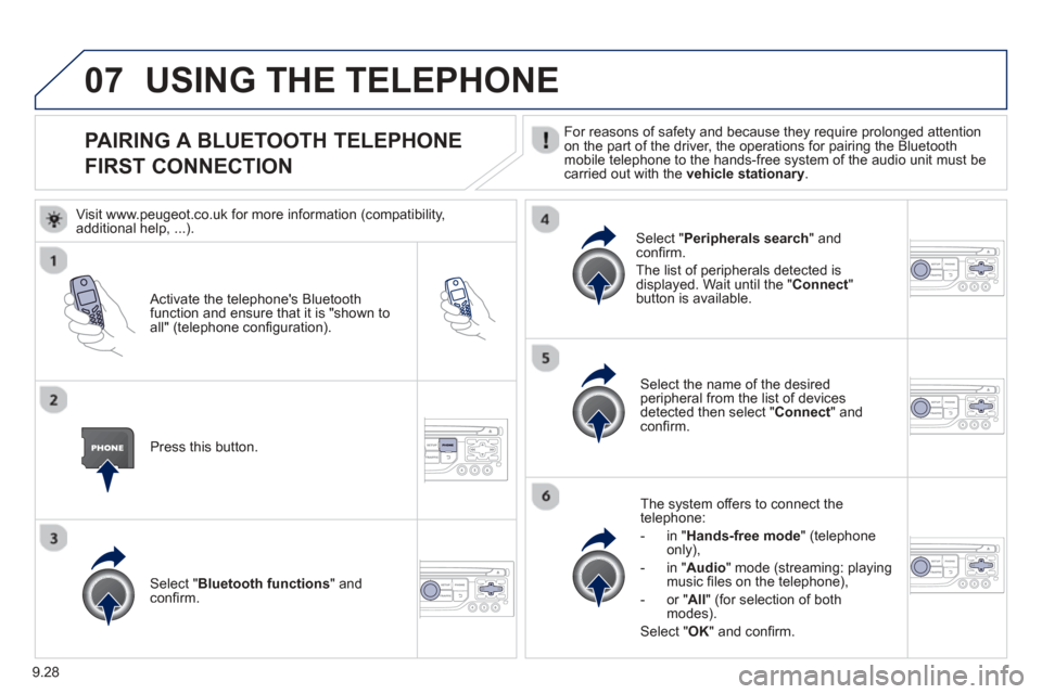 Peugeot Partner 2013 Owners Manual - RHD (UK, Australia) 9.28
07
PAIRING A BLUETOOTH TELEPHONE
FIRST CONNECTION For reasons of safety and because they require prolonged attention
on the part of the driver, the operations for pairing the Bluetoothmobile tele Peugeot Partner 2013 Owners Manual - RHD (UK, Australia) 9.28
07
PAIRING A BLUETOOTH TELEPHONE
FIRST CONNECTION For reasons of safety and because they require prolonged attention
on the part of the driver, the operations for pairing the Bluetoothmobile tele