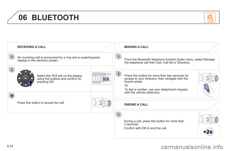 Peugeot Partner 2013  Owners Manual - RHD (UK, Australia) 9.74
06
   
RECEIVING A CALL  
   
An incomin
g call is announced by a ring and a superimposed 
display in the vehicles screen.  
   
Select the YES tab on the display 
using the buttons and conﬁ r