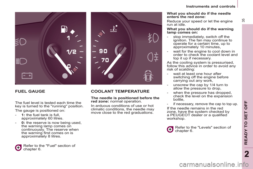 Peugeot Partner 2013 Owners Manual - RHD (UK, Australia)
Instruments and controls
35
READY TO SET OFF
22
FUEL GAUGE COOLANT TEMPERATURE
The needle is positioned before the
red zone:
normal operation.
In arduous conditions of use or hot Peugeot Partner 2013 Owners Manual - RHD (UK, Australia)
Instruments and controls
35
READY TO SET OFF
22
FUEL GAUGE COOLANT TEMPERATURE
The needle is positioned before the
red zone:
normal operation.
In arduous conditions of use or hot