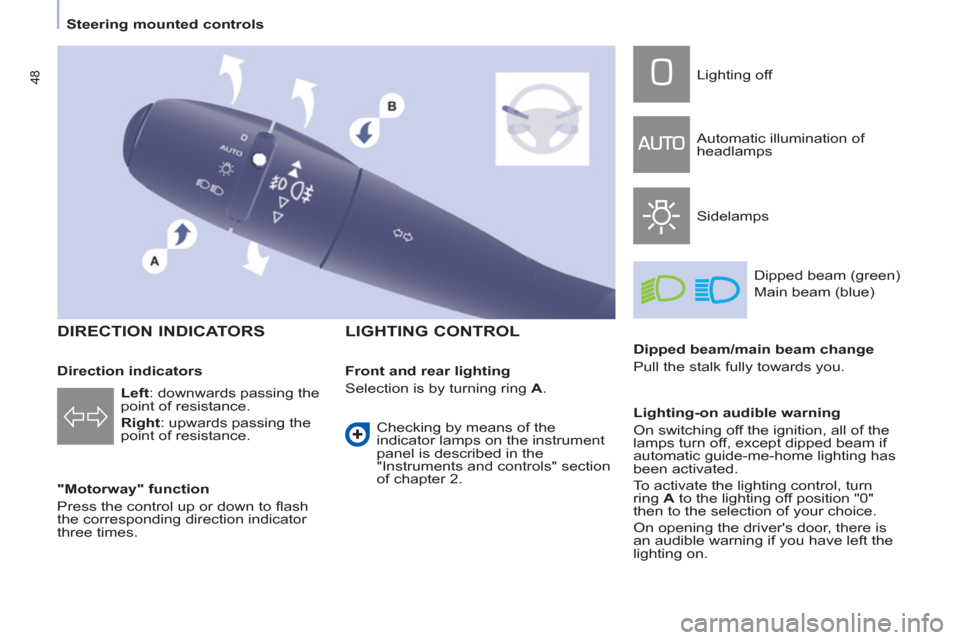 Peugeot Partner 2013 Owners Manual - RHD (UK, Australia) 48
Steering mounted controls
DIRECTION INDICATORS
"Motorway" function
Press the control up or down to fl ash
the corresponding direction indicator
three times.
LIG Peugeot Partner 2013 Owners Manual - RHD (UK, Australia) 48
Steering mounted controls
DIRECTION INDICATORS
"Motorway" function
Press the control up or down to fl ash
the corresponding direction indicator
three times.
LIG