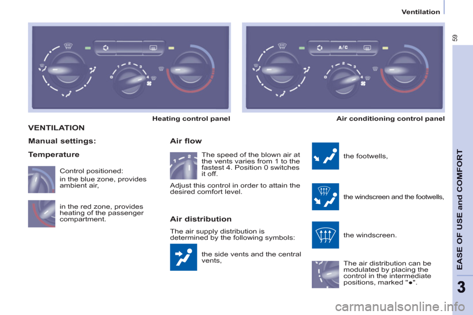 Peugeot Partner 2013  Owners Manual - RHD (UK, Australia) 59
EASE OF USE and COMFOR
T
33
Ventilation
 VENTILATION 
  the side vents and the central 
vents, 
   
Air flow 
 
the footwells, 
 
the windscreen and the footwells, 
 
the windscreen. 
  The air dis