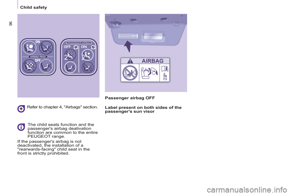 Peugeot Partner 2013  Owners Manual - RHD (UK, Australia)    
 
Child safety  
 
96
 
 
Refer to chapter 4, "Airbags" section.  
   
The child seats function and the 
passengers airbag deativation 
function are common to the entire 
PEUGEOT range. 
  If the