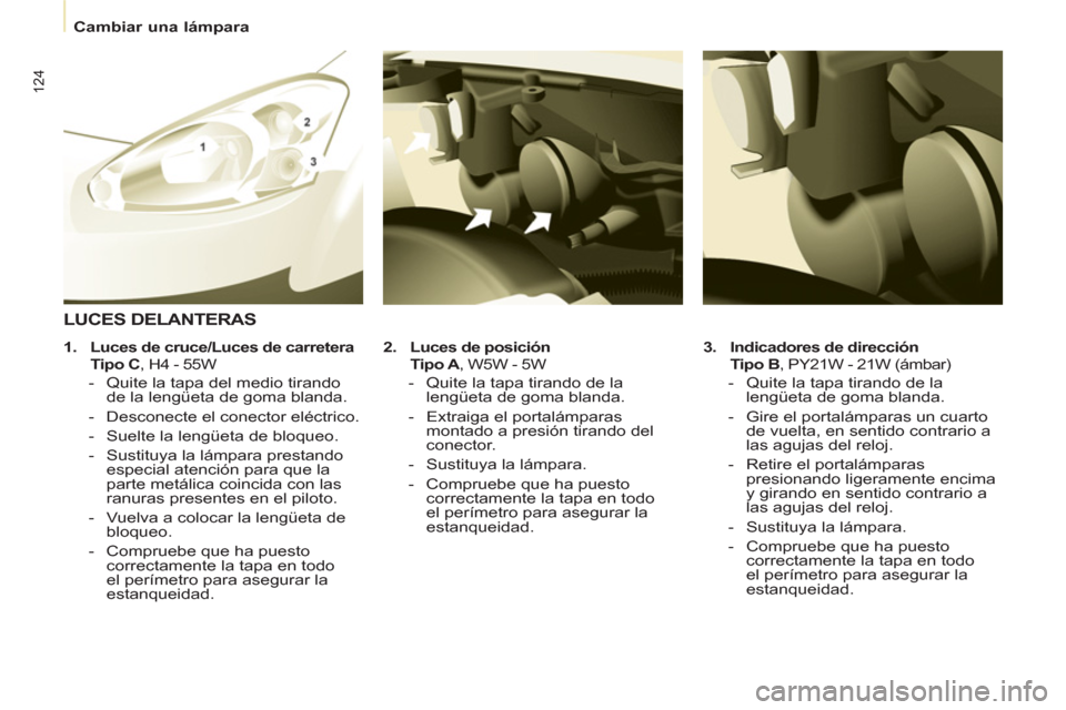 Peugeot Partner 2013  Manual del propietario (in Spanish)    
 
Cambiar una lámpara  
 
124
 
 
3. 
  Indicadores de dirección     
   Tipo B 
, PY21W - 21W (ámbar) 
 
 
 
-   Quite la tapa tirando de la 
lengüeta de goma blanda. 
   
-   Gire el portal