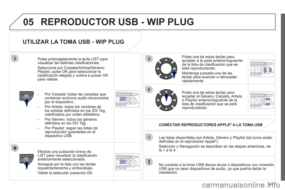 Peugeot Partner 2013  Manual del propietario (in Spanish) 9.71
05
UTILIZAR LA TOMA USB - WIP PLUG
   
Efectúe una pulsación breve de
LIST para visualizar la clasificación anteriormente seleccionada.
  Nave
gue por la lista con las teclas 
izquierda/derech