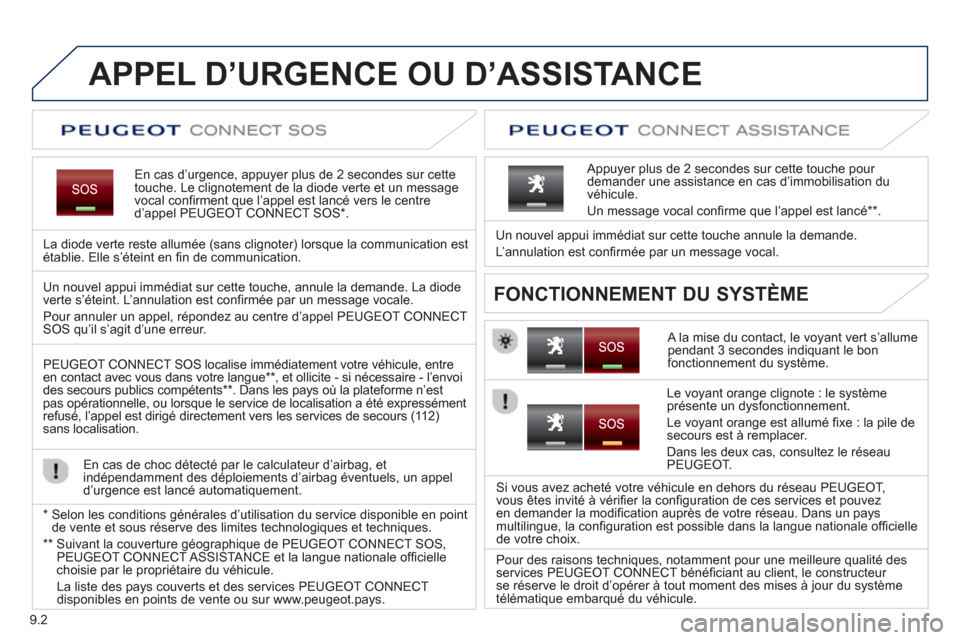 Peugeot Partner 2013 Manuel du propriétaire (in French) 9.2
APPEL D’URGENCE OU D’ASSISTANCE
En cas d’urgence, appuyer plus de 2 secondes sur cette
touche. Le clignotement de la diode verte et un message
vocal confirment que l’appel est lancé vers Peugeot Partner 2013 Manuel du propriétaire (in French) 9.2
APPEL D’URGENCE OU D’ASSISTANCE
En cas d’urgence, appuyer plus de 2 secondes sur cette
touche. Le clignotement de la diode verte et un message
vocal confirment que l’appel est lancé vers