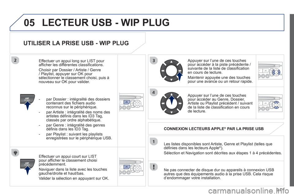 Peugeot Partner 2013 Manuel du propriétaire (in French) 9.71
05
UTILISER LA PRISE USB - WIP PLUG
Effectuer un appui court sur LIST pour afficher le classement choisiprécédemment.
Navi
guer dans la liste avec les touchesgauche/droite et haut/bas.
Peugeot Partner 2013 Manuel du propriétaire (in French) 9.71
05
UTILISER LA PRISE USB - WIP PLUG
Effectuer un appui court sur LIST pour afficher le classement choisiprécédemment.
Navi
guer dans la liste avec les touchesgauche/droite et haut/bas.