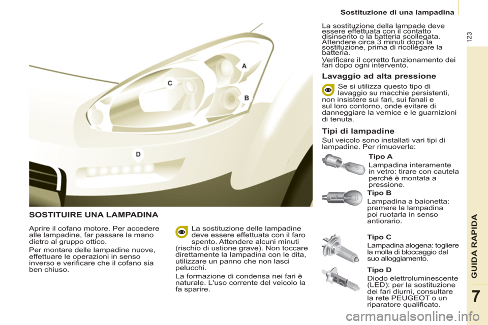 Peugeot Partner 2013 Manuale del proprietario (in Italian)
Sostituzione di una lampadina
123
GUIDA RAPID
A
7
SOSTITUIRE UNA LAMPADINA
Tipo B
Lampadina a baionetta:
premere la lampadina
poi ruotarla in senso
antiorario.
Tipo A
Peugeot Partner 2013 Manuale del proprietario (in Italian)
Sostituzione di una lampadina
123
GUIDA RAPID
A
7
SOSTITUIRE UNA LAMPADINA
Tipo B
Lampadina a baionetta:
premere la lampadina
poi ruotarla in senso
antiorario.
Tipo A