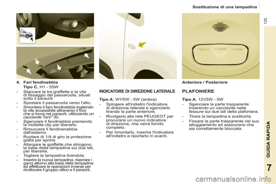 Peugeot Partner 2013 Manuale del proprietario (in Italian)
Sostituzione di una lampadina
125
7
4.
Fari fendinebbia
Tipo C
, H1 - 55W
- Staccare le tre graffette e la vite
di fissaggio del passaruota, situati
sotto il parau Peugeot Partner 2013 Manuale del proprietario (in Italian)
Sostituzione di una lampadina
125
7
4.
Fari fendinebbia
Tipo C
, H1 - 55W
- Staccare le tre graffette e la vite
di fissaggio del passaruota, situati
sotto il parau