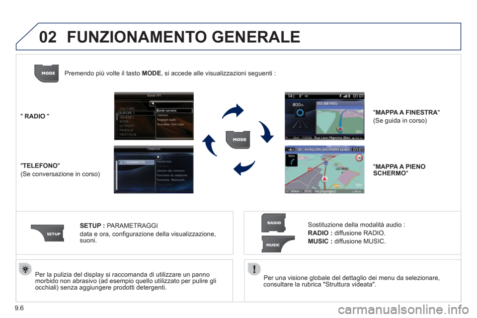 Peugeot Partner 2013  Manuale del proprietario (in Italian) 9.6
02
   Per una visione globale del dettaglio dei menu da selezionare,consultare la rubrica "Struttura videata".    
Per la pulizia del displa
y si raccomanda di utilizzare un pannomorbido non abras