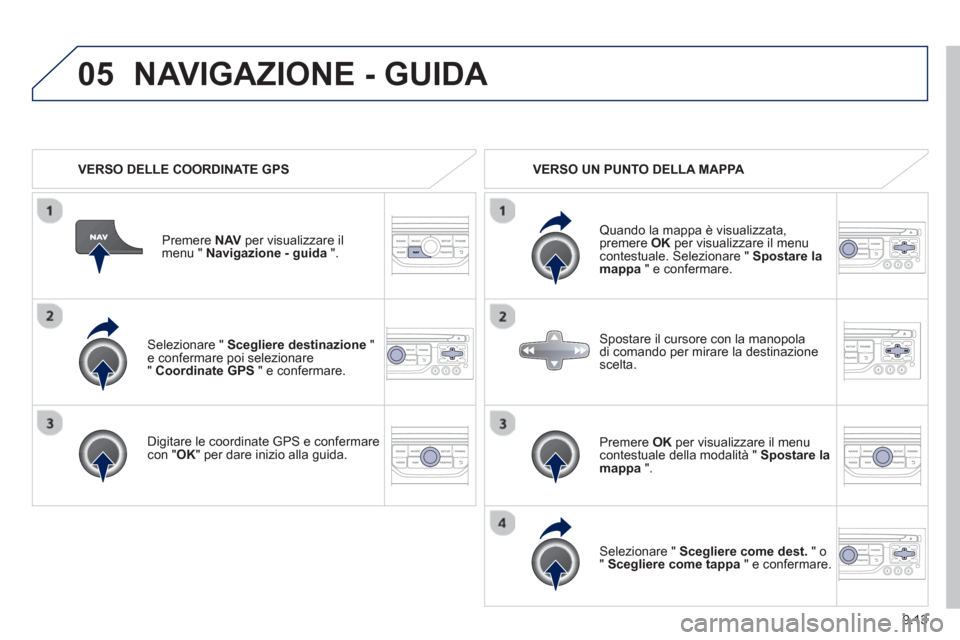 Peugeot Partner 2013  Manuale del proprietario (in Italian) 9.13
05
   Selezionare " Scegliere destinazione"e confermare poi selezionare"  Coordinate GPS 
 " e confermare.  
   
Di
gitare le coordinate GPS e confermarecon " 
OK " per dare inizio alla guida. Pr