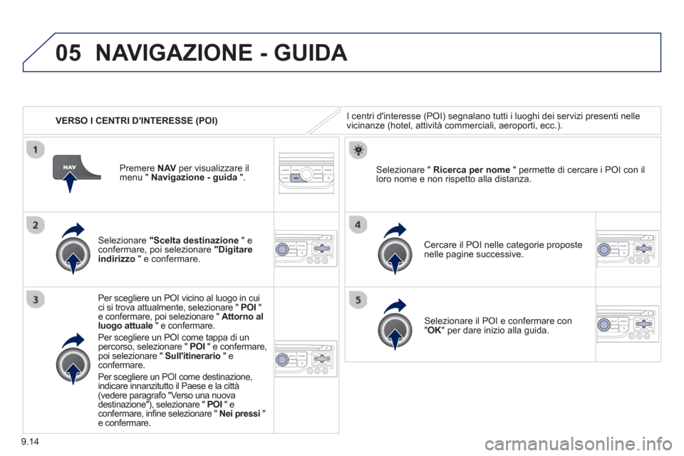 Peugeot Partner 2013 Manuale del proprietario (in Italian) 9.14
05
VERSO I CENTRI DINTERESSE (POI)
NAVIGAZIONE - GUIDA
I centri dinteresse (POI) segnalano tutti i luoghi dei servizi presenti nelle
vicinanze (hotel, attività commerciali, aeroporti, ec Peugeot Partner 2013 Manuale del proprietario (in Italian) 9.14
05
VERSO I CENTRI DINTERESSE (POI)
NAVIGAZIONE - GUIDA
I centri dinteresse (POI) segnalano tutti i luoghi dei servizi presenti nelle
vicinanze (hotel, attività commerciali, aeroporti, ec