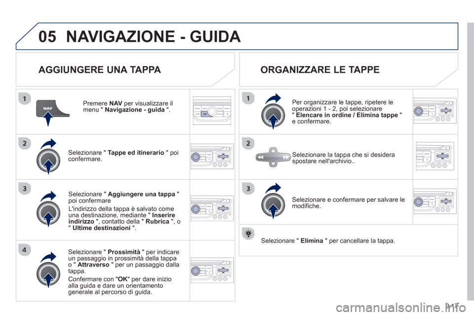 Peugeot Partner 2013  Manuale del proprietario (in Italian) 9.17
05NAVIGAZIONE - GUIDA 
   
AGGIUNGERE UNA TAPPA 
 
 
Premere  NAV 
 per visualizzare il menu " Navigazione - guida".
Selezionare "  Tappe ed itinerario" poi confermare.
Selezionare "  Prossimità