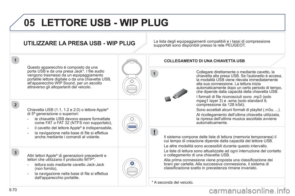 Peugeot Partner 2013  Manuale del proprietario (in Italian) 9.70
05
   
Il sistema compone delle liste di lettura (memoria temporanea) ilcui tempo di creazione dipende dalla capacità del lettore USB. 
  Le altre modalità sono accessibili durante questo inter