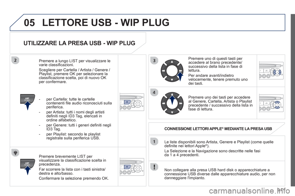 Peugeot Partner 2013  Manuale del proprietario (in Italian) 9.71
05
UTILIZZARE LA PRESA USB - WIP PLUG 
   
Premere brevemente LIST per 
visualizzare la classificazione scelta inprecedenza. 
  F
ar scorrere la lista con i tasti sinistra/destra e alto/basso. 
 